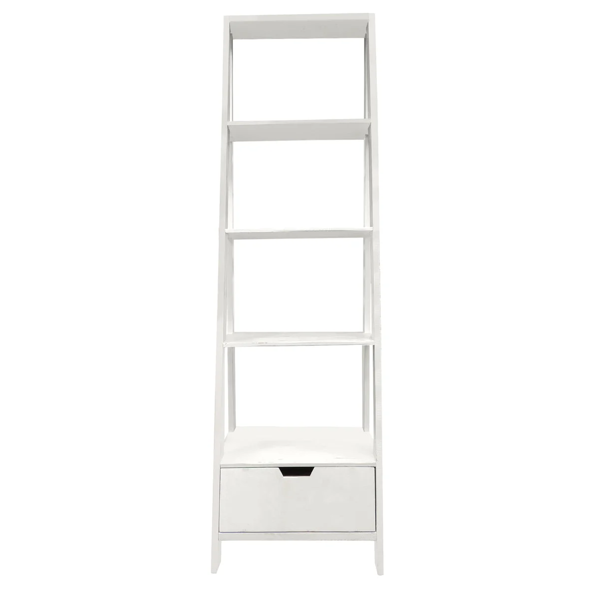 The Urban Port 4 Shelf Wooden Ladder Bookcase with Bottom Drawer, Antique White