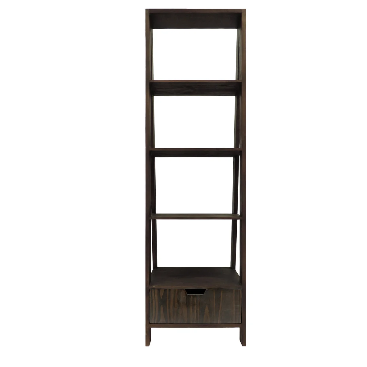 The Urban Port 4 Shelf Wooden Ladder Bookcase with Bottom Drawer, Distressed Brown
