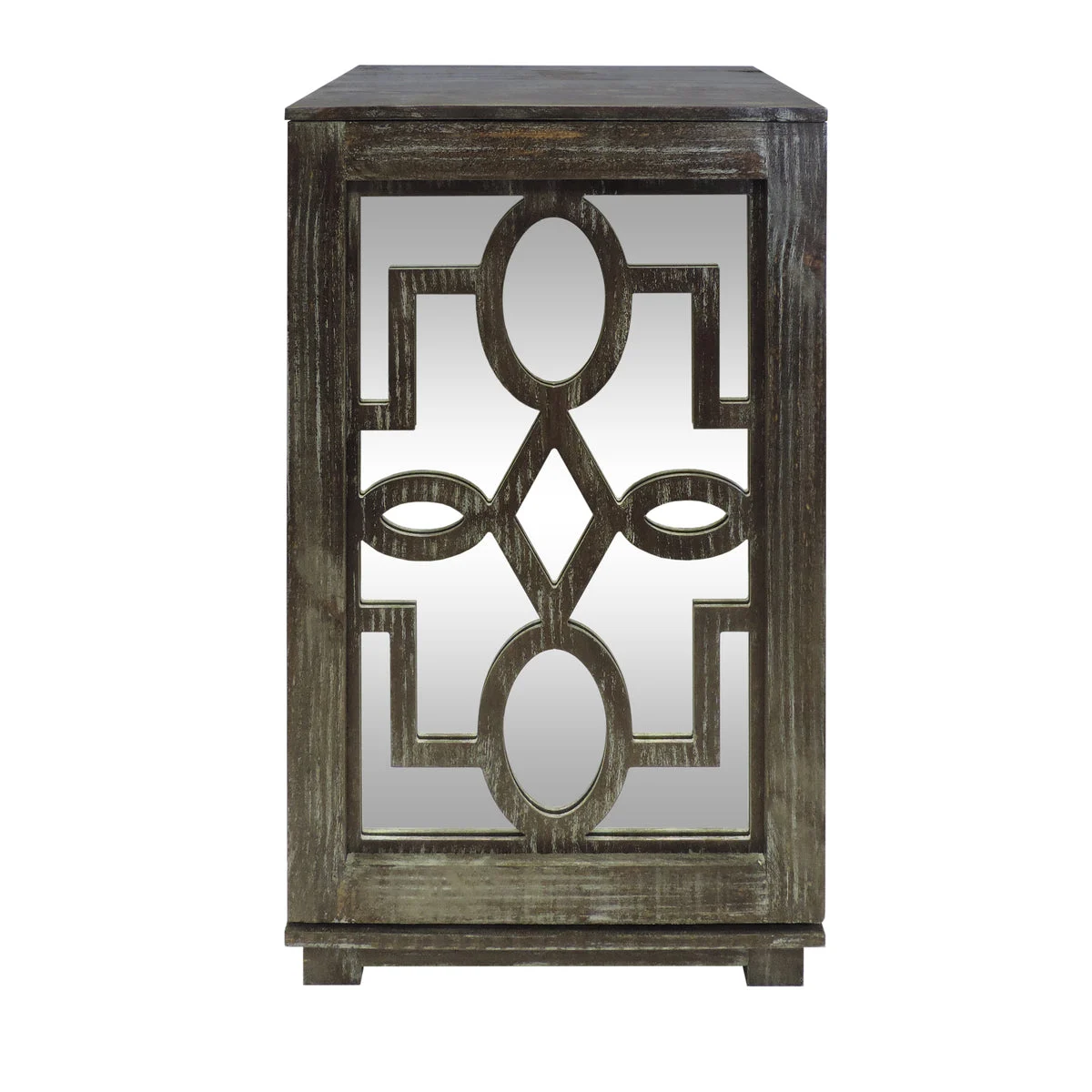 The Urban Port Wooden Side Table with Fretwork Mirro Door Cabinet, Brown