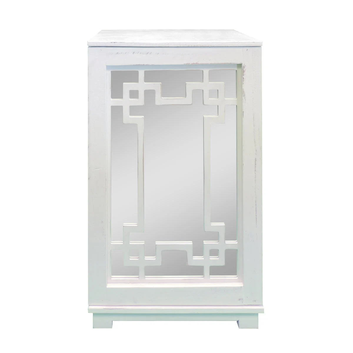 The Urban Port Wooden Side Table with Geometric Mirro Door Cabinet, White