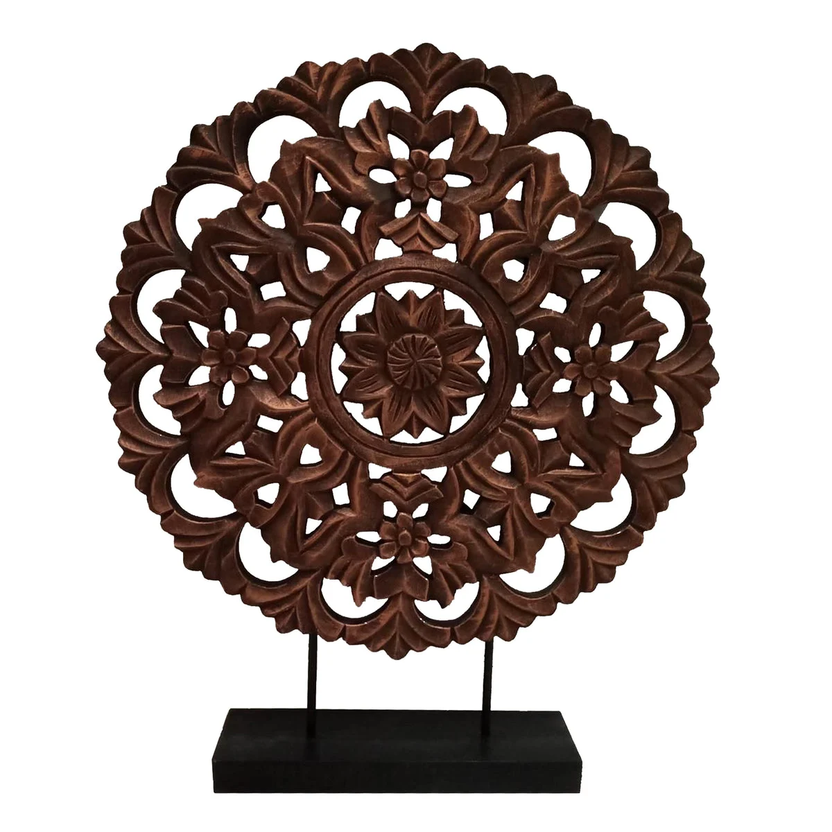 The Urban Port Intricately Carved Round Wooden Wheel on Rectangular Stand, Rustic Brown, Small