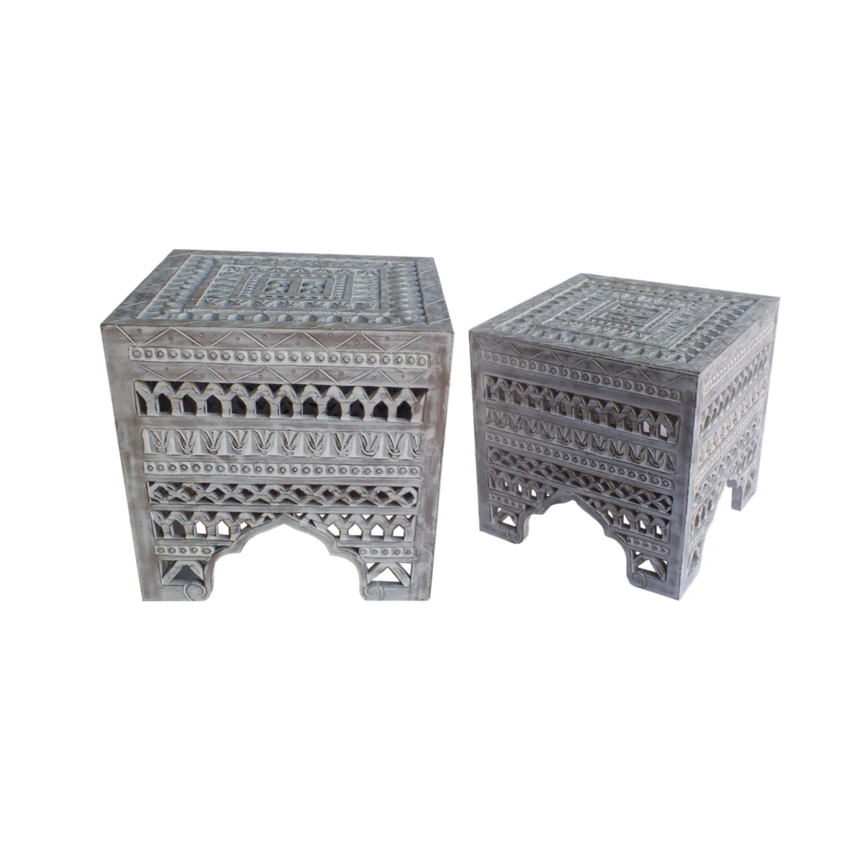 The Urban Port Intricately Carved Square Mango Wood Stool with Cutout sides, Set of 2, Washed White
