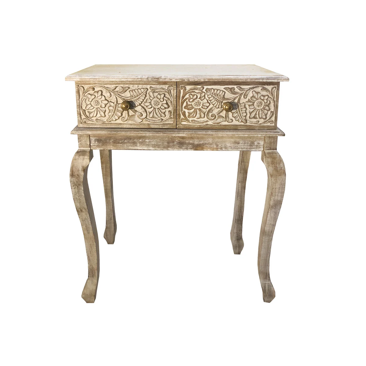 The Urban Port 2 Drawer Mango Wood Console Table with Floral Carved Front, Brown and White