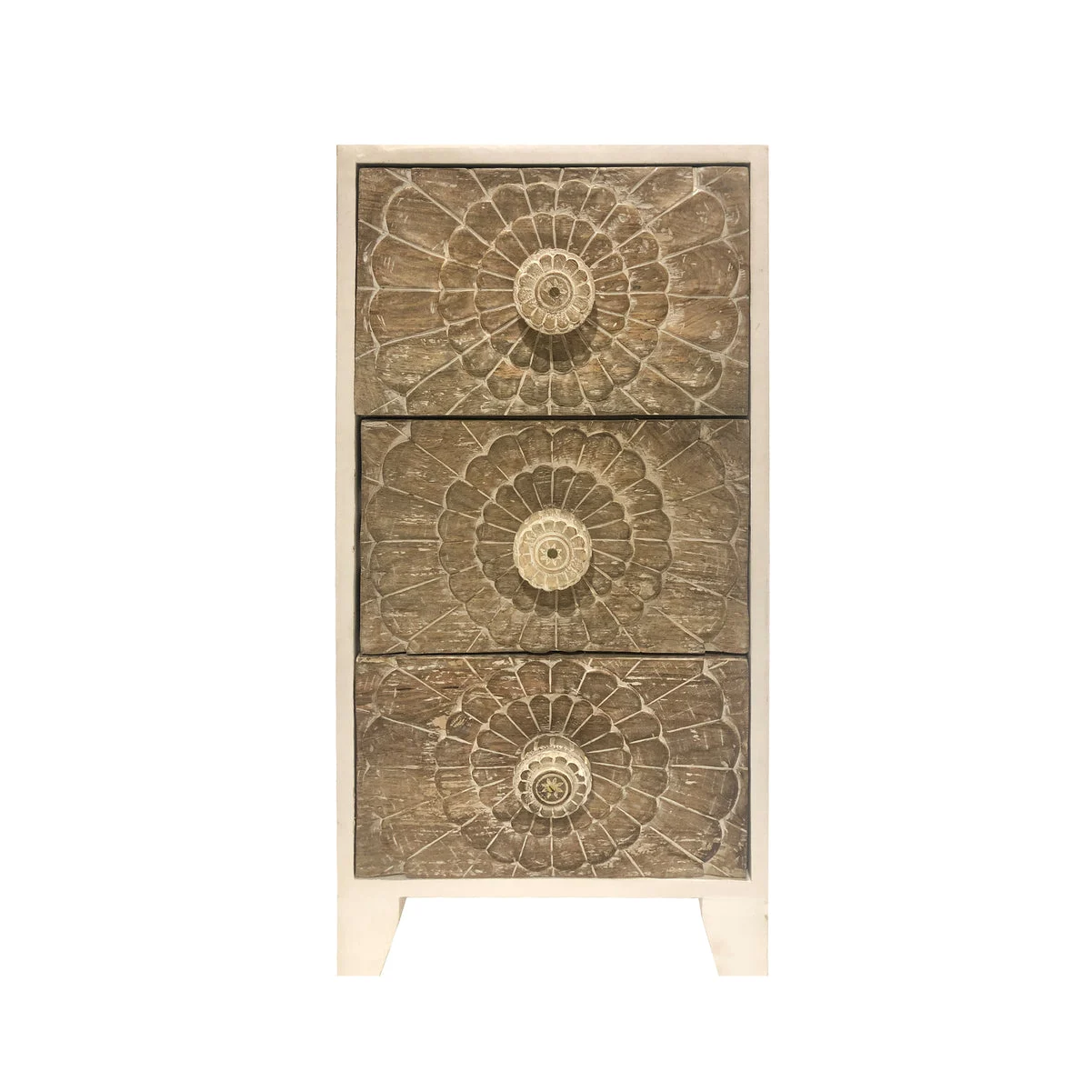The Urban Port 3 Drawer Mango Wood Accent Storage Cabinet with Detailed Front Panels, White and Brown