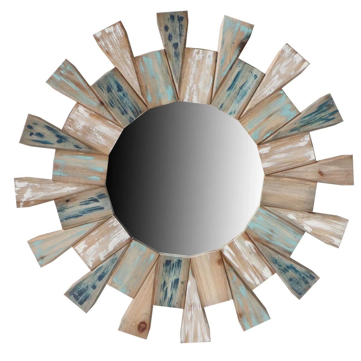 The Urban Port Round Wooden Decor Wall Mirror with Triangular Plank Accent, Brown