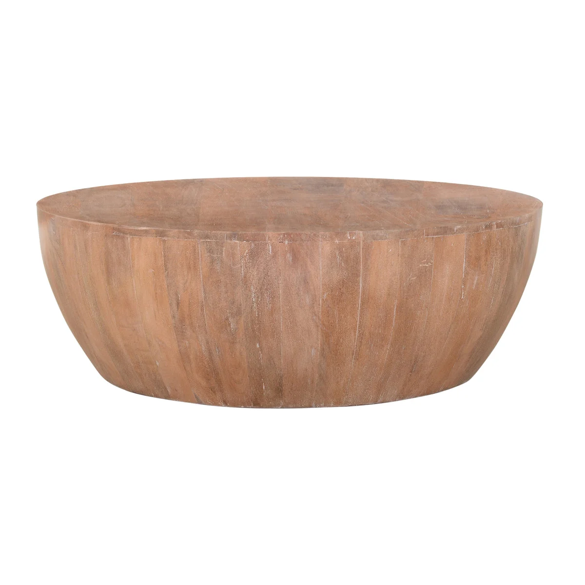 The Urban Port Drum Shape Wooden Coffee Table with Plank Design Base, Distressed Brown