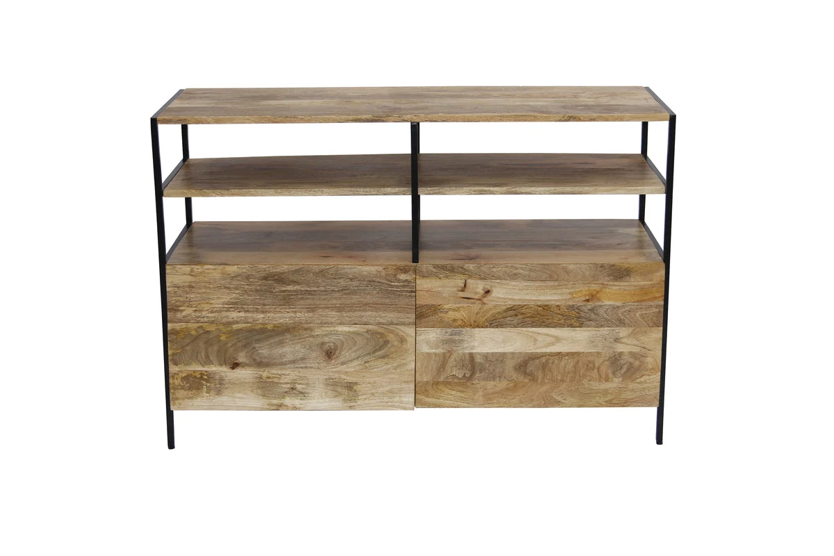 The Urban Port Mango Wood and Metal Tv Console Stand with Storage Cabinet, Brown