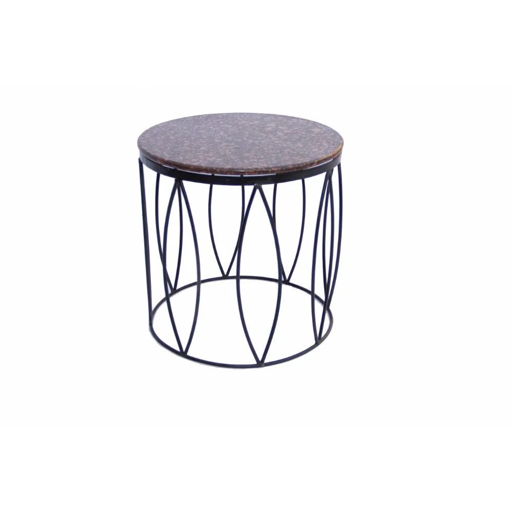 The Urban Port Round Iron Framed Side or End Table with Textured Real Marble Top, Brown and Black