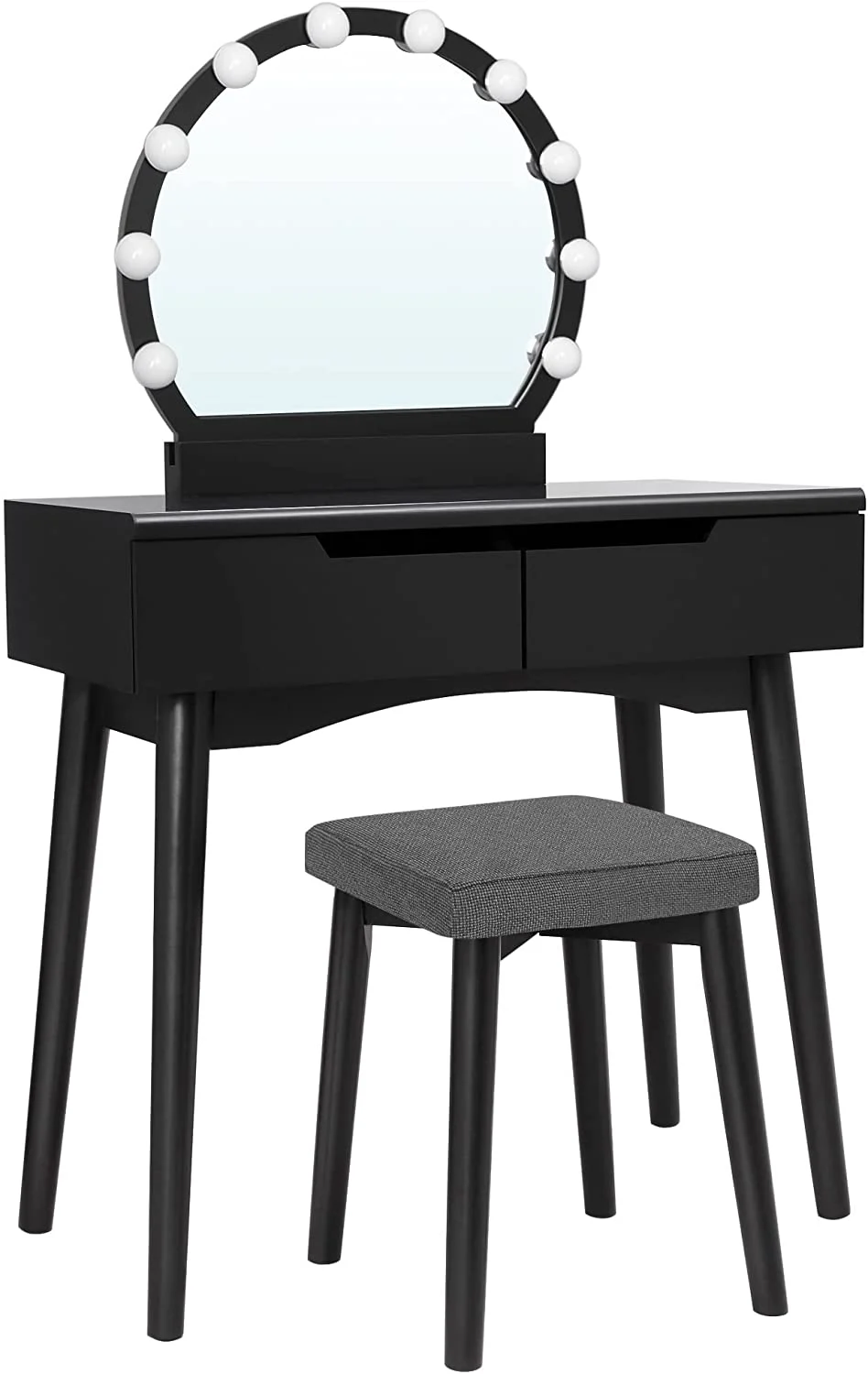 VASAGLE Vanity Set with 10 Light Bulbs, Dressing Makeup Table Desk with Large Round Mirror Black
