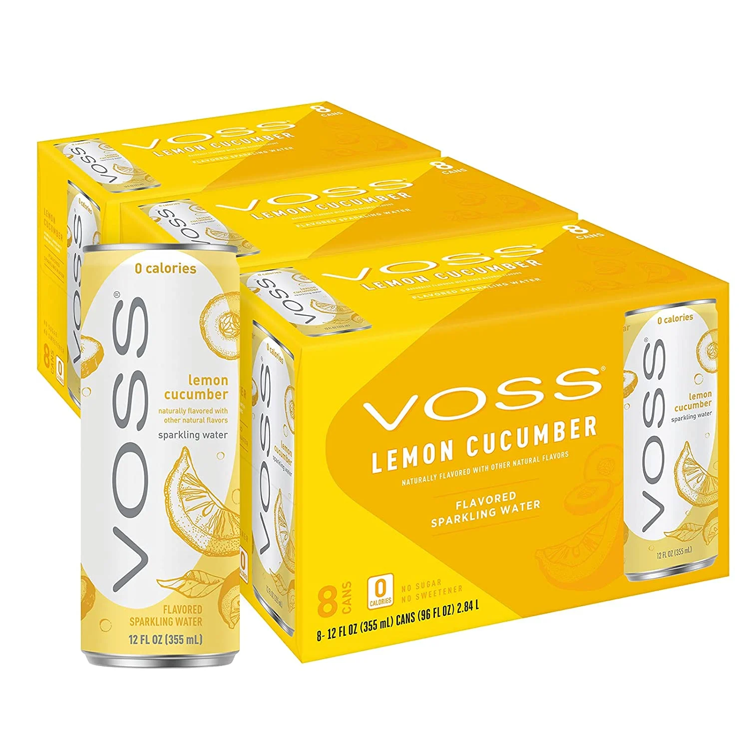 VOSS Lemon Cucumber Flavored Sparkling Water, 355ml Cans (Pack of 24)