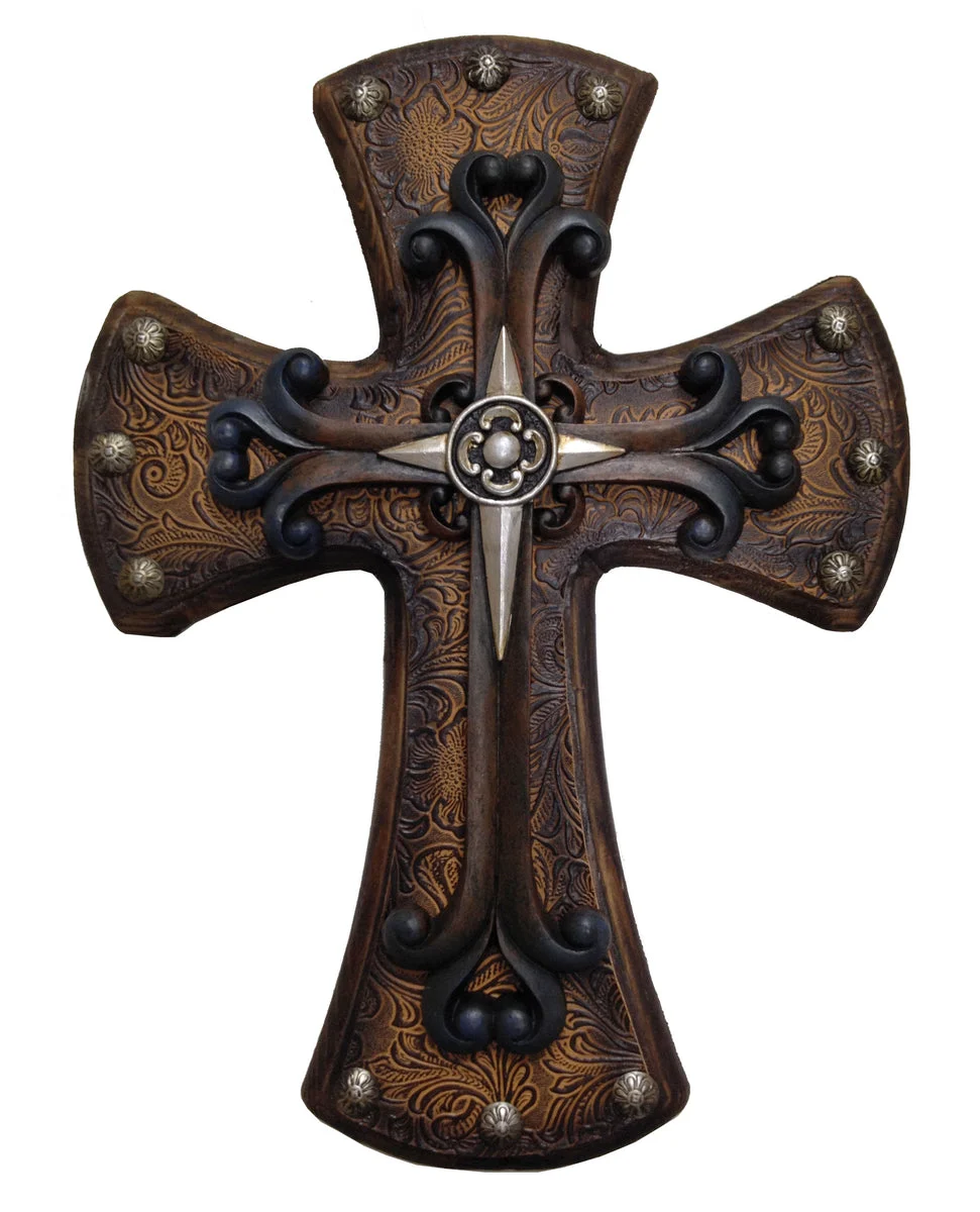 HiEnd Accents Studded Wood Cross w/Tooled Lthr & Sm Cross (EA)