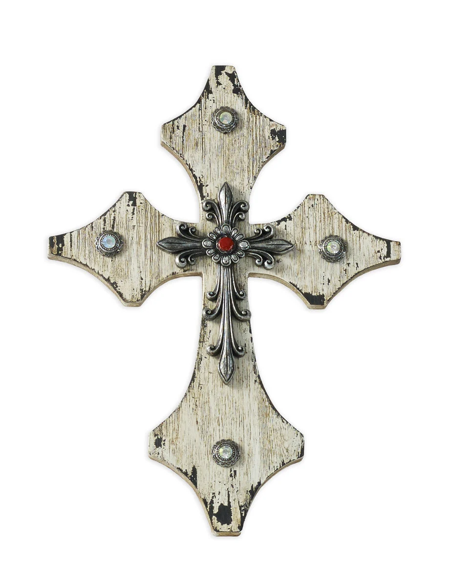 HiEnd Accents Cream Wood Cross w/Silver and Red Accents
