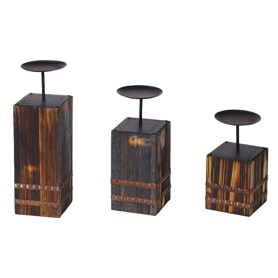 HiEnd Accents Wood and metal candleholders set of 3