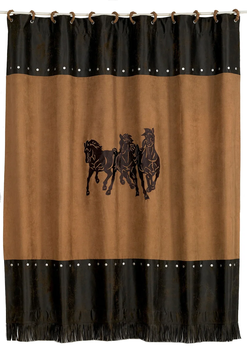 HiEnd Accents Embroidered 3-Horse Shwr Curtn Tan