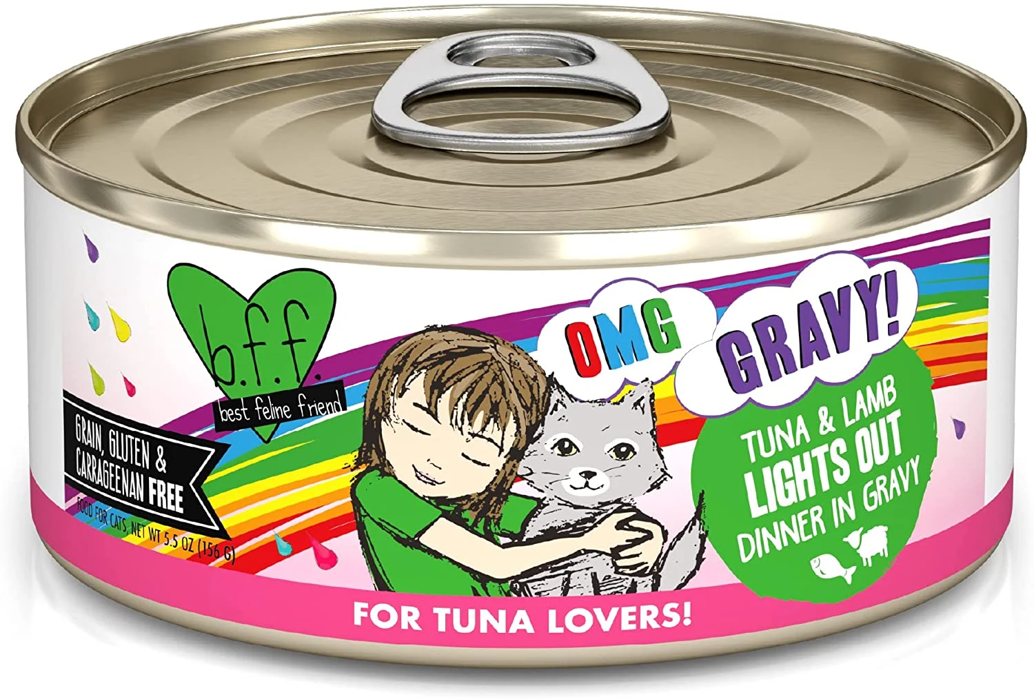 Weruva Wet Cat Food B.F.F. OMG – Best Feline Friend Oh My Gravy!, Tuna & Lamb Lights Out with Tuna & Lamb, 5.5oz Can (Pack of 8)