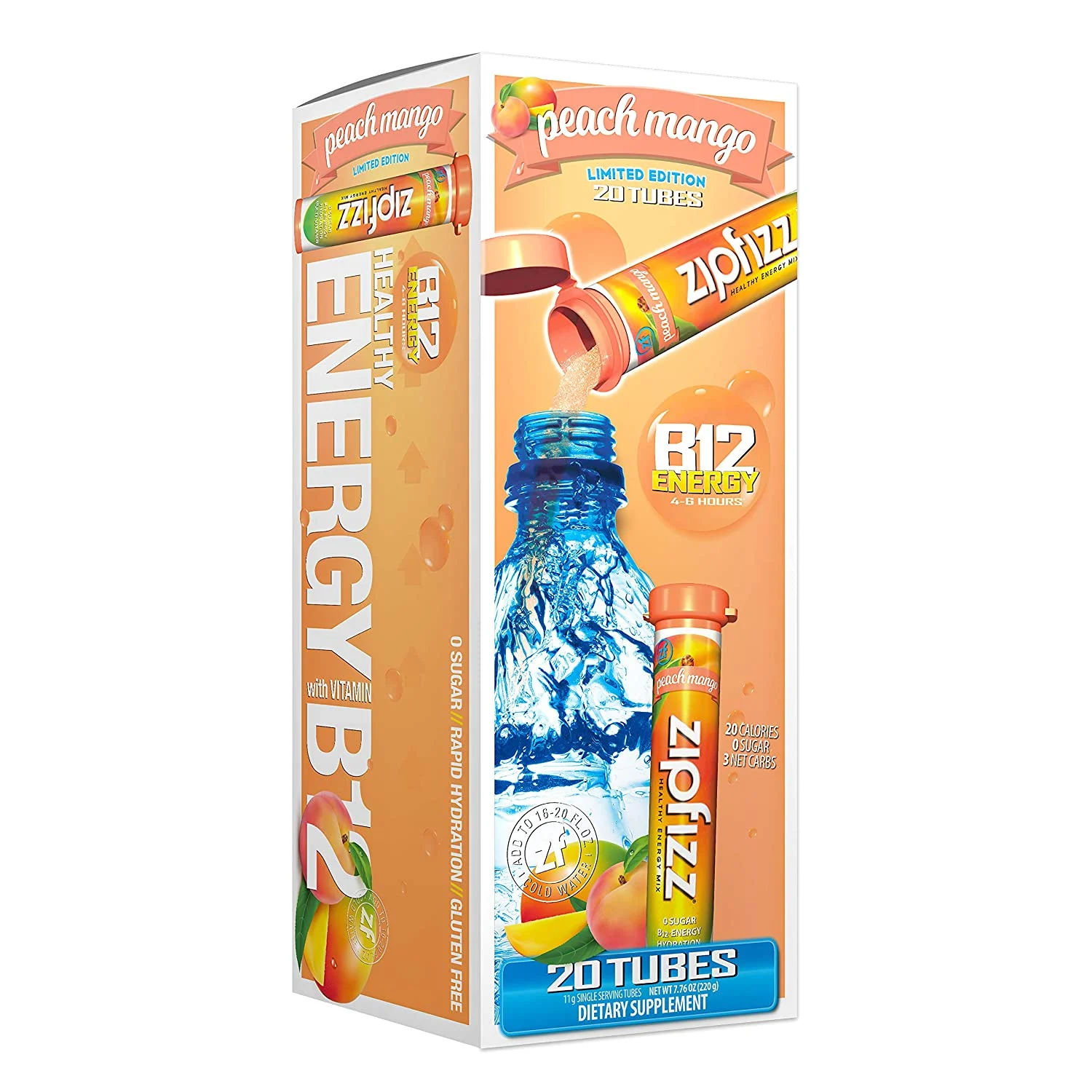 Zipfizz Healthy Energy Drink Mix, Hydration With B12 & Multi Vitamins, New, Peach Mango, 20 Count