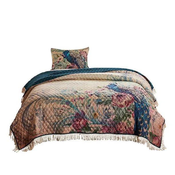 Benzara 2 Piece Twin Size Quilt Set with Floral Print and Crochet Trim, Multicolor