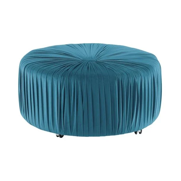 Benzara Round Shaped Pleated Fabric Upholstered Ottoman with Casters, Blue