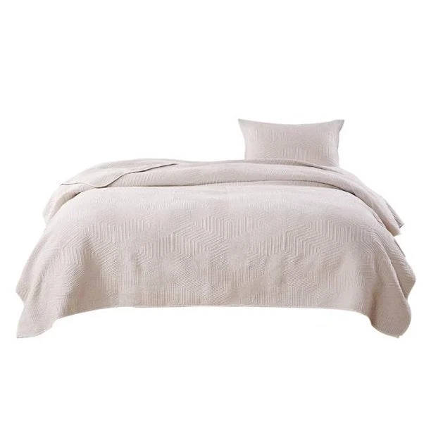 Benzara 2 Piece Microfiber Twin Size Quilt Set with Geometric Print, Cream