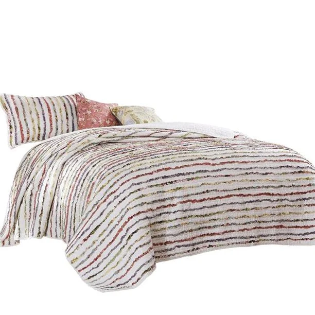 Benzara Four Piece Twin Size Cotton Quilt Set with Sewn Floral Ruffles, Multicolor