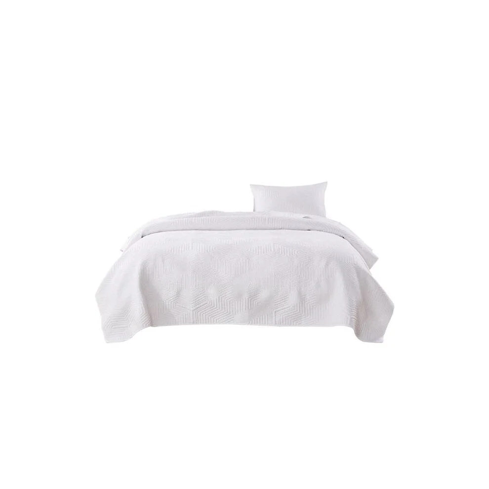 Benzara 2 Piece Microfiber Twin Size Quilt Set with Geometric Print, White