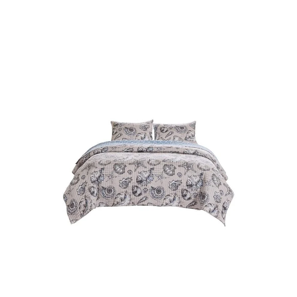 Benzara 3 Piece Queen Quilt Set with Seashell and Starfish Print, White and Gray
