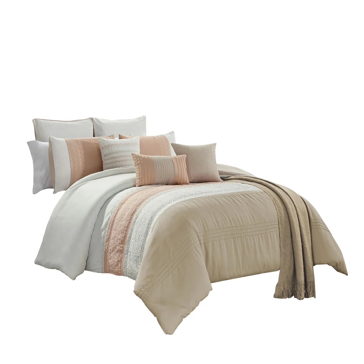 Benzara 10 Piece King Polyester Comforter Set with Textured Details, White and Brown