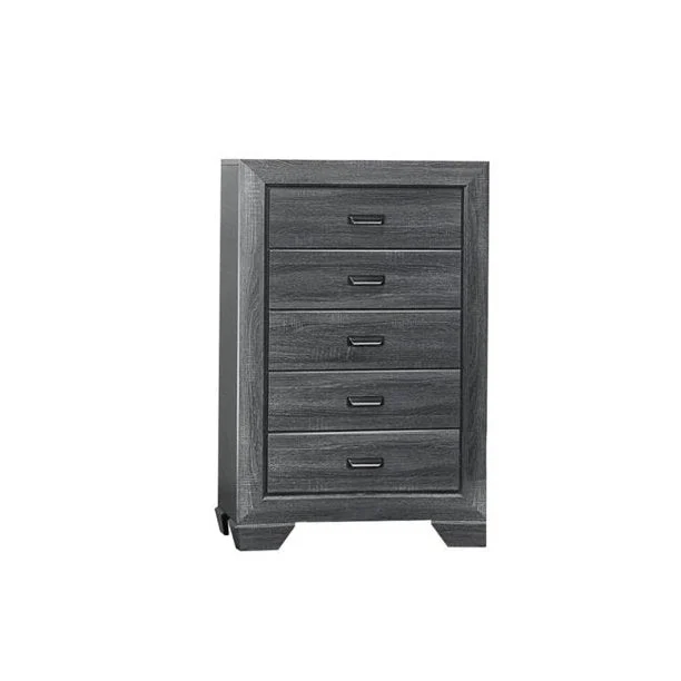 Benzara 5 Drawer Wooden Chest with Raised Border and Cup Pulls, Dark Gray