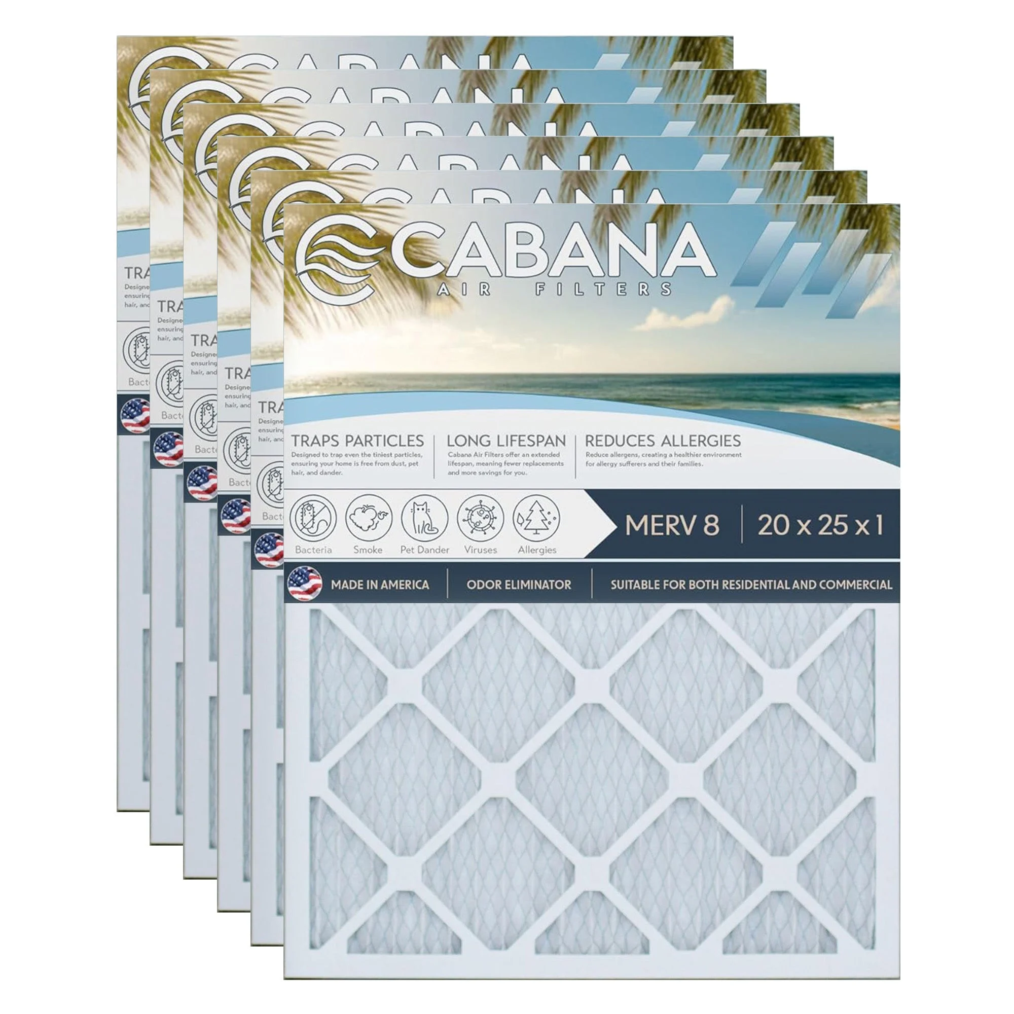 Cabana Air Filters 6 Pack HVAC Furnace Air Filters, MERV 8, 20 x 25 x 1, White