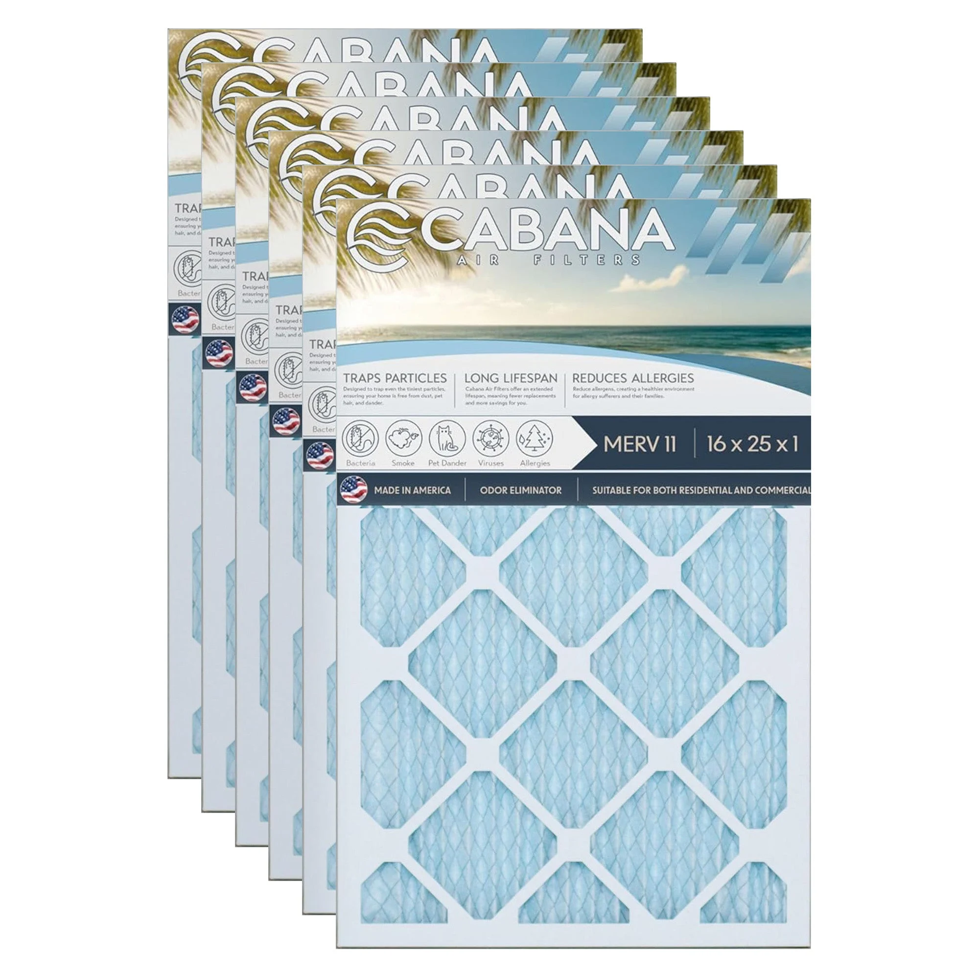 Cabana Air Filters 6 Pack HVAC Furnace Air Filters, MERV 11, 16 x 25 x 1, White