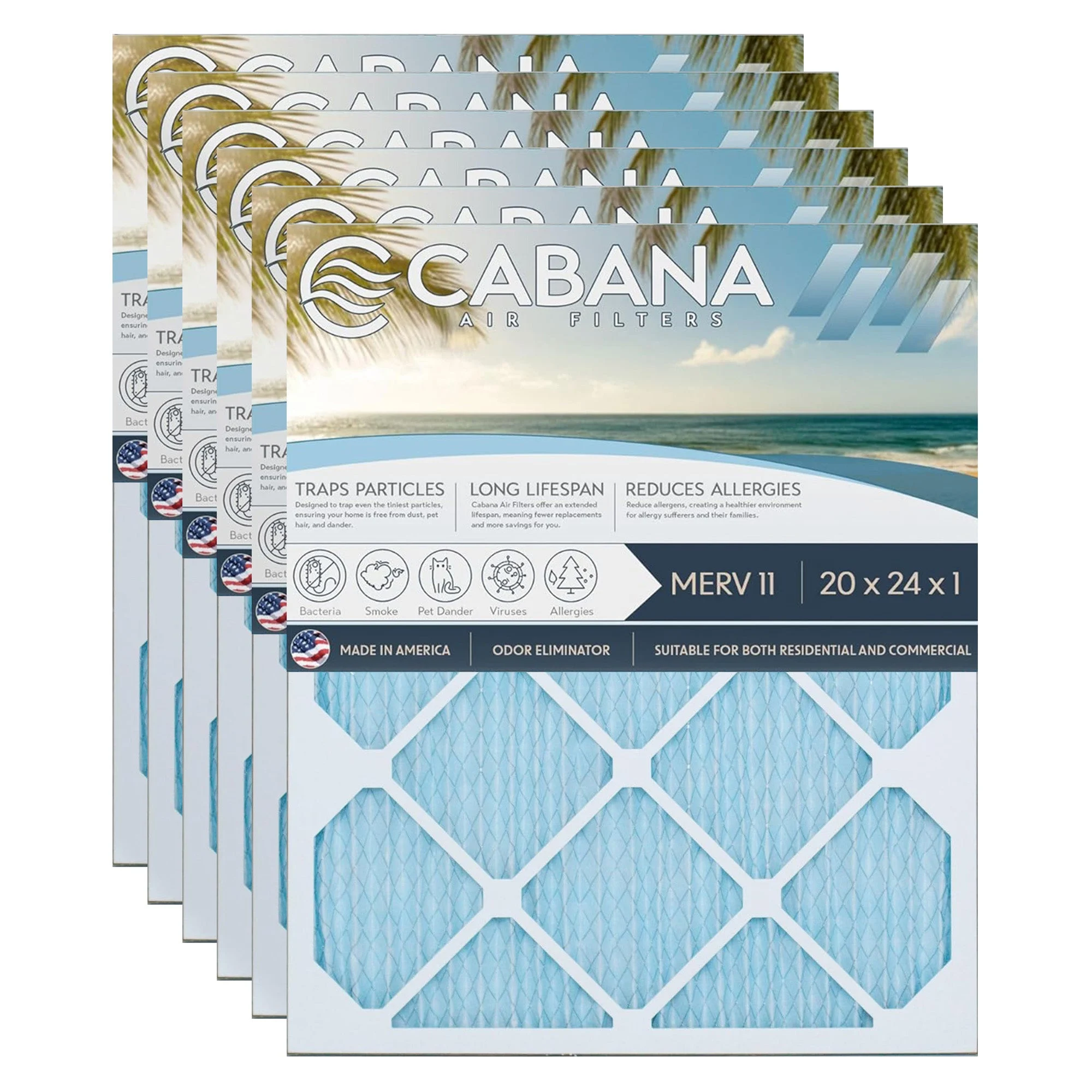 Cabana Air Filters 6 Pack HVAC Furnace Air Filters, MERV 11, 20 x 24 x 1, White