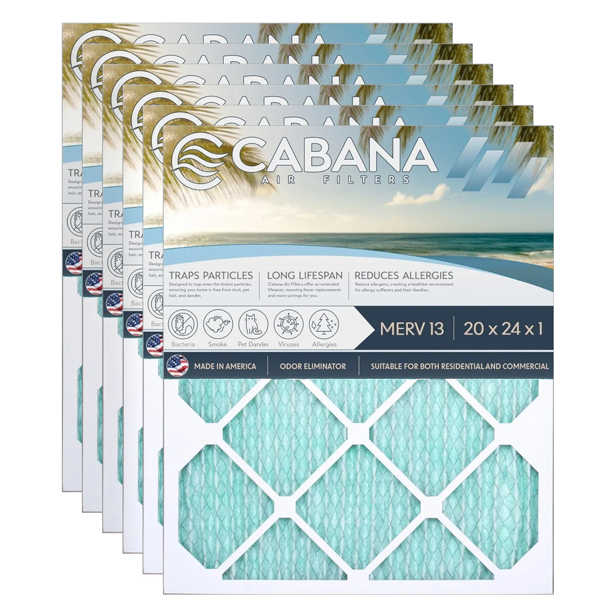 Cabana Air Filters 6 Pack HVAC Furnace Air Filters, MERV 13, 20 x 24 x 1, White