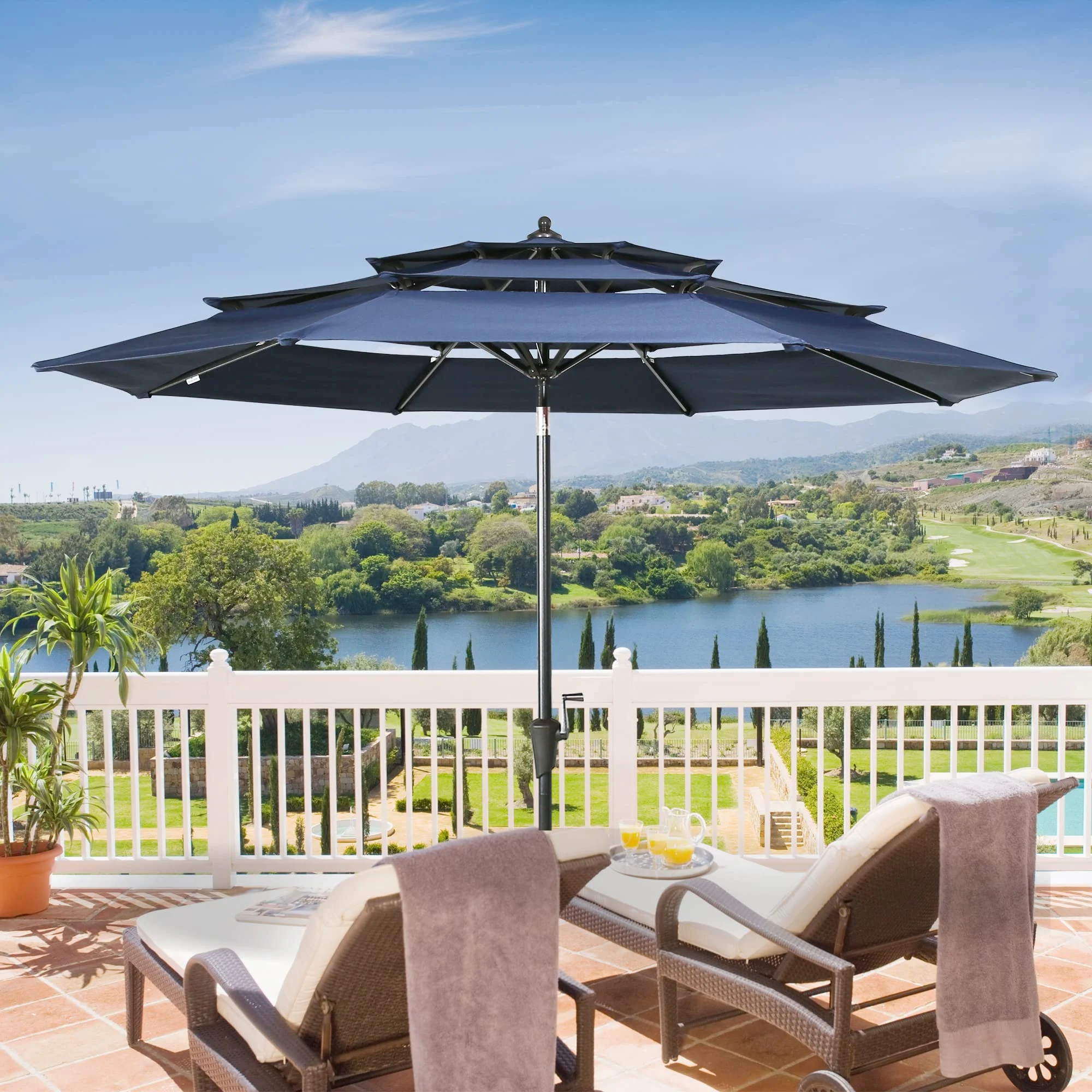 10ft Patio Umbrella Outdoor 3 Tier Vented Market Table Umbrella with 1.5″ Aluminum Pole and 8 Sturdy Ribs, (Dark Blue)
