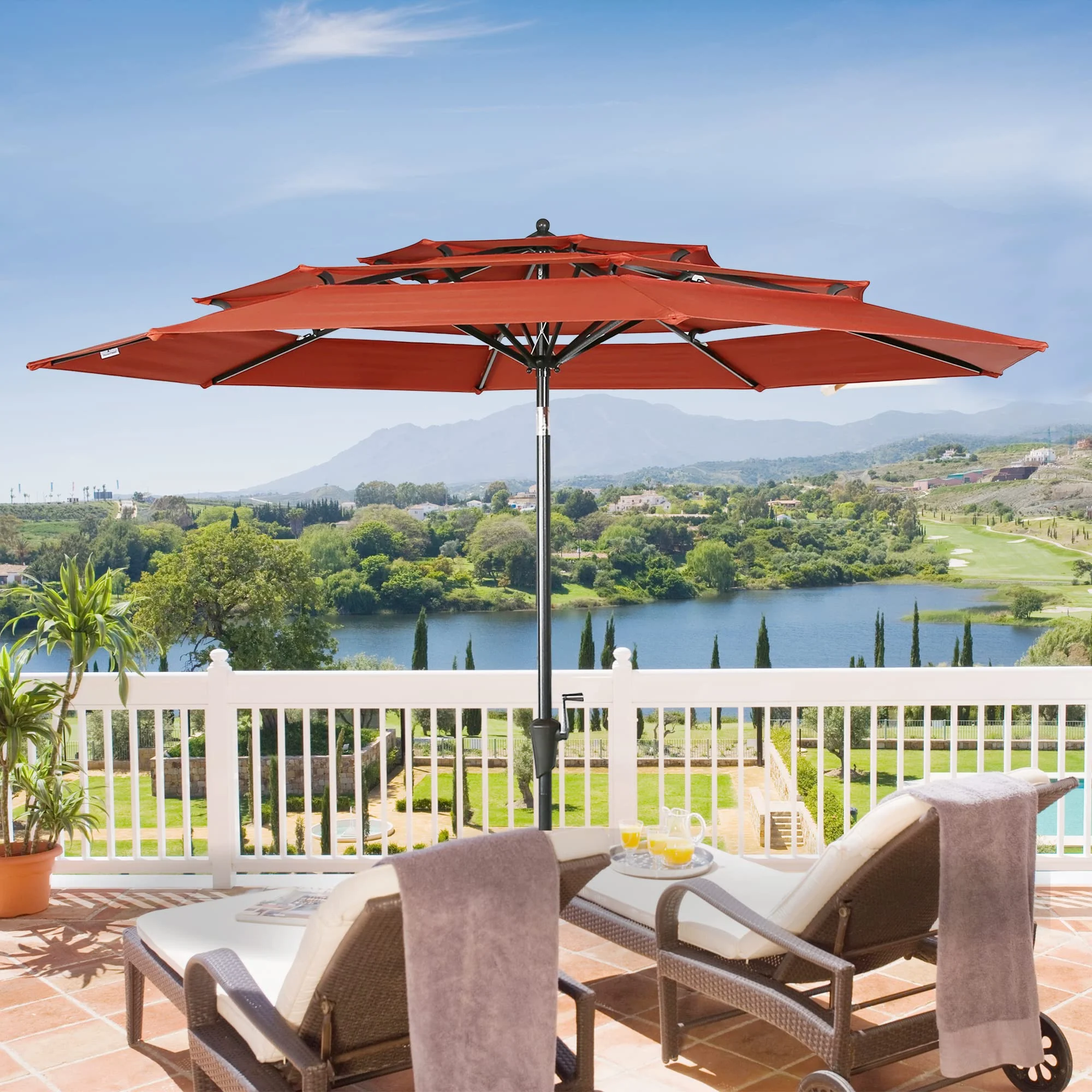 10ft Patio Umbrella Outdoor 3 Tier Vented Market Table Umbrella with 1.5″ Aluminum Pole and 8 Sturdy Ribs, (Orange Red)