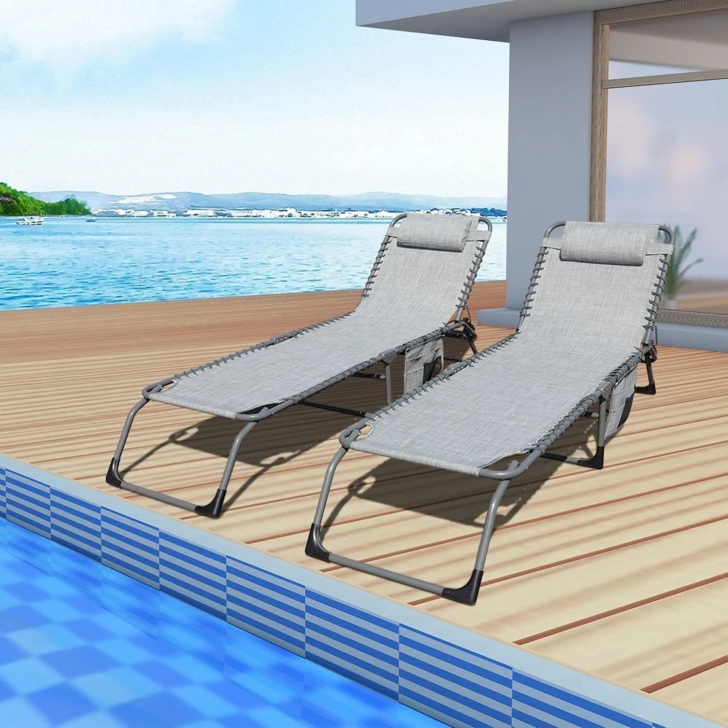 GOLDSUN 2 Pieces Outdoor Adjustable Chaise Lounge Set with Detachable Pocket,All Weather Reclining Folding Patio Lounge Chair Set for Garden,Beach, Sunbathing, Pool, Deck,Camping and Poolside-Grey