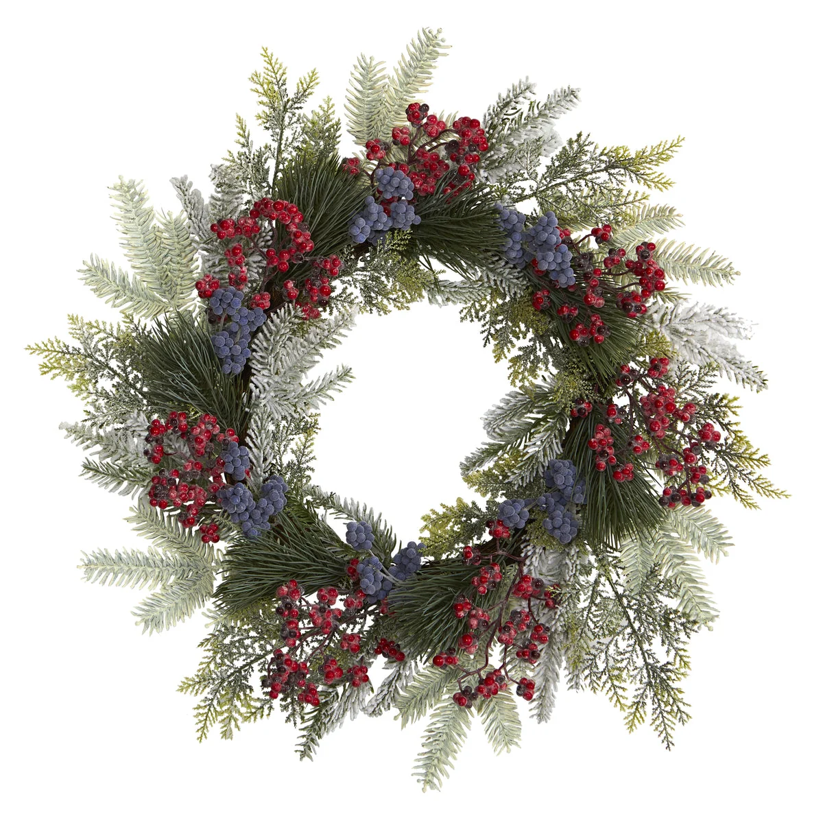 Nearly Natural 24`` Pine and Cedar Artificial Wreath with Berries