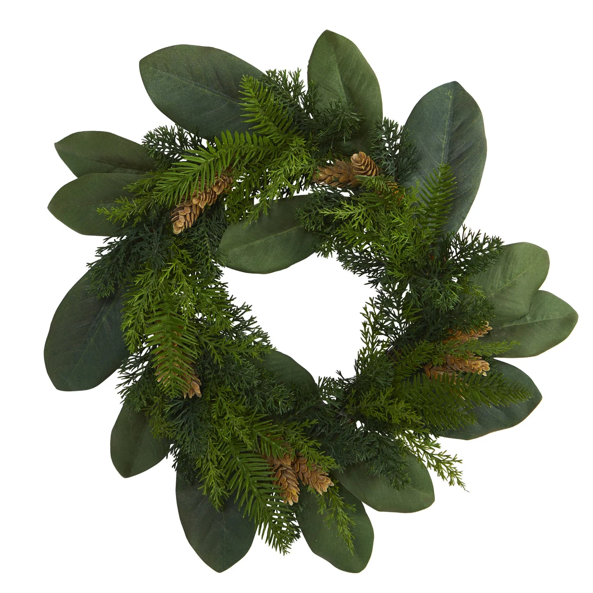 Nearly Natural 16`` Magnolia Leaf and Mixed Pine Artificial Wreath with Pine Cones