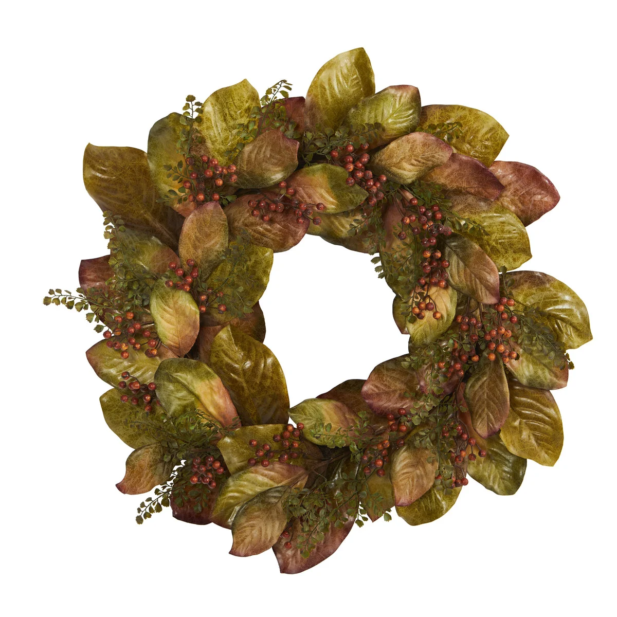 Nearly Natural 30`` Fall Magnolia Leaf and Berries Artificial Wreath