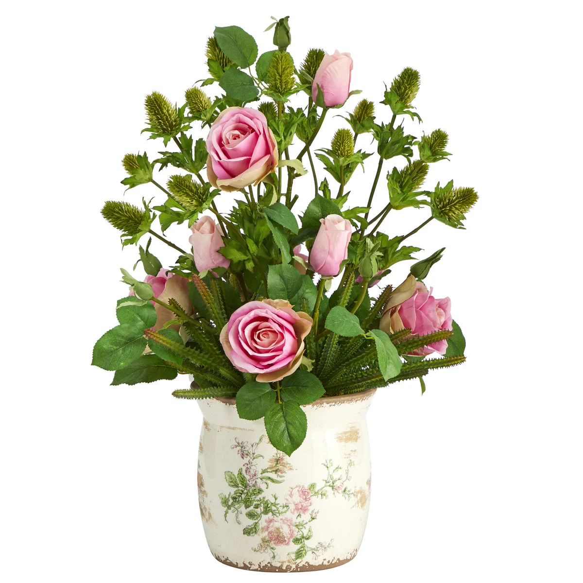 Nearly Natural 24`` Rose, Thistle and Succulent Artificial Arrangement in Floral Vase