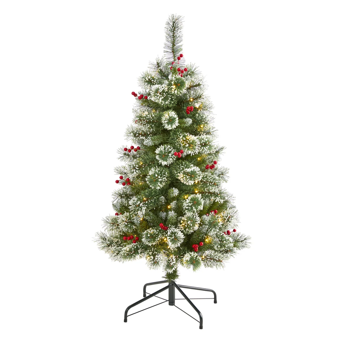 Nearly Natural 4` Frosted Swiss Pine Artificial Christmas Tree with 100 Clear LED Lights and Berries