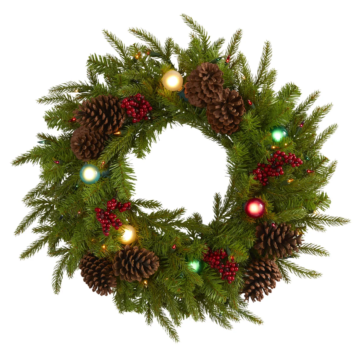 Nearly Natural 24`` Christmas Artificial Wreath with 50 Multicolored Lights, 7 Multicolored Globe Bulbs, Berries and Pine Cones
