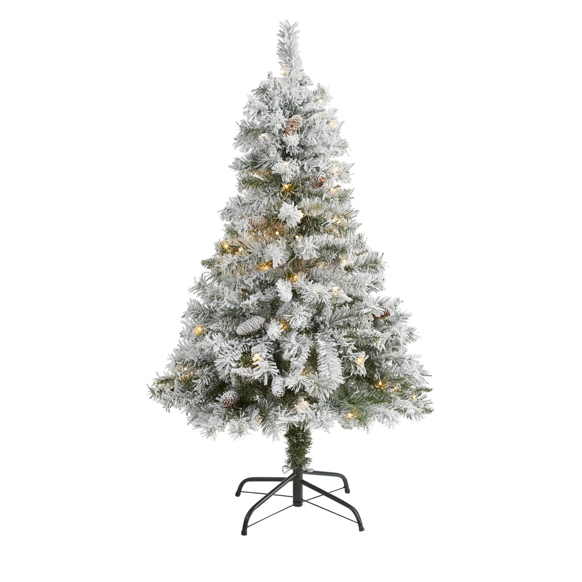 Nearly Natural 4` Flocked White River Mountain Pine Artificial Christmas Tree with Pinecones and 100 Clear LED Lights