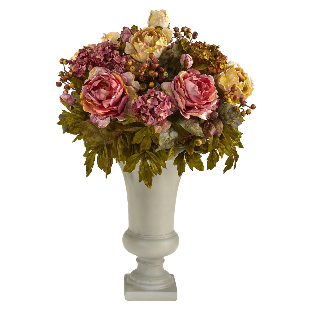 Nearly Natural 28`` Peony Artificial Arrangement in Sand Colored Urn