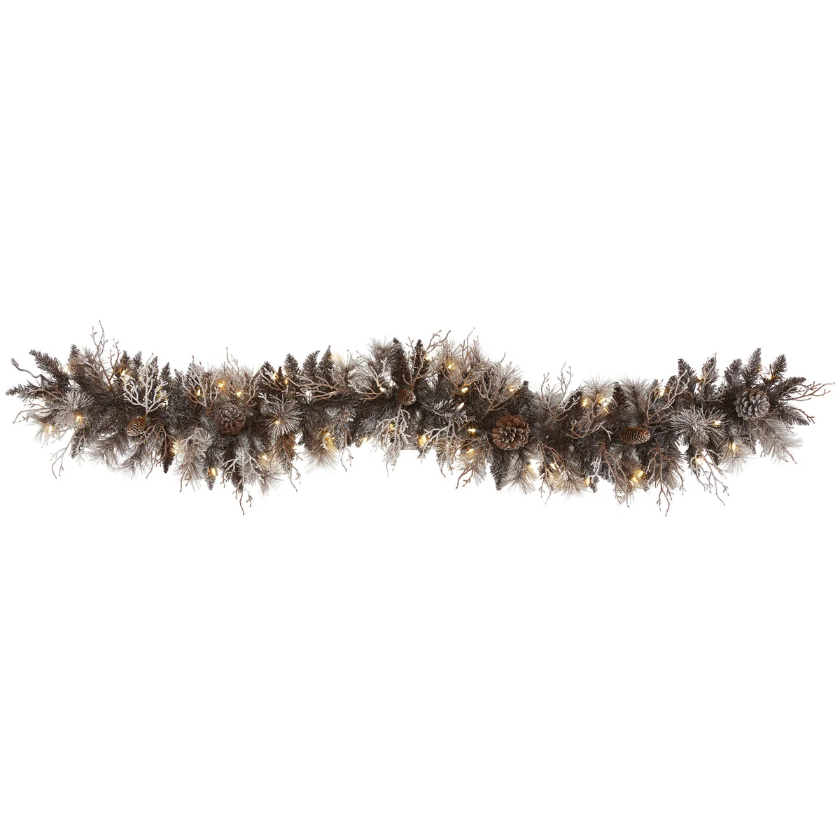 Nearly Natural 6` Flocked Artificial Christmas Garland with 50 White Warm LED Lights and Pine Cones