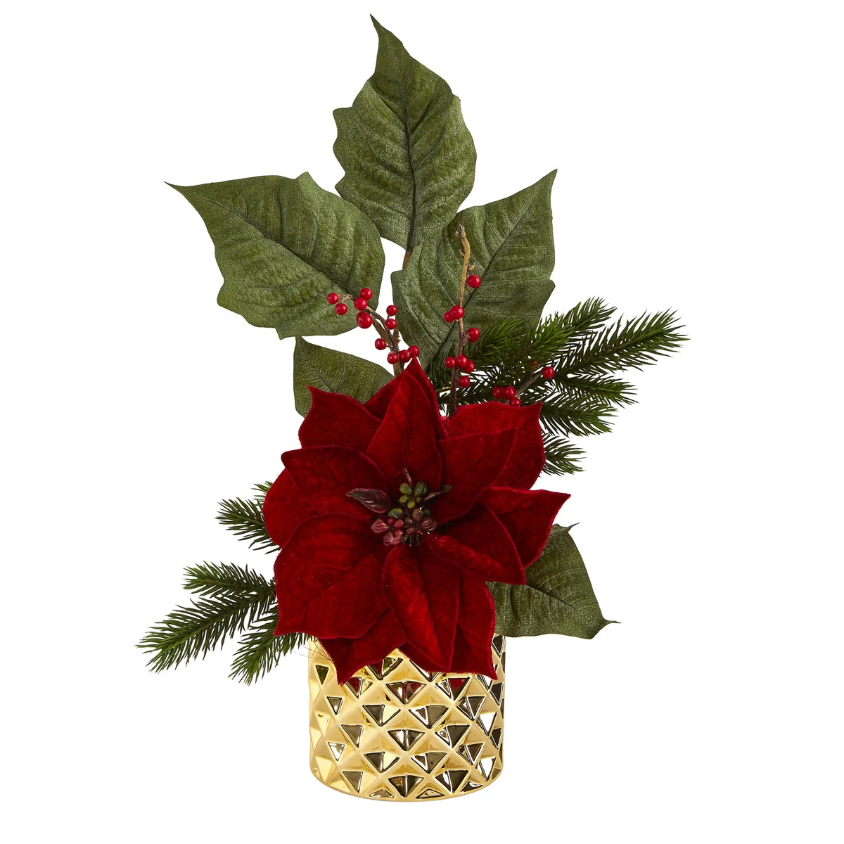 Nearly Natural 21``Poinsettia, Berries and Pine Artificial Arrangement in Gold Vase