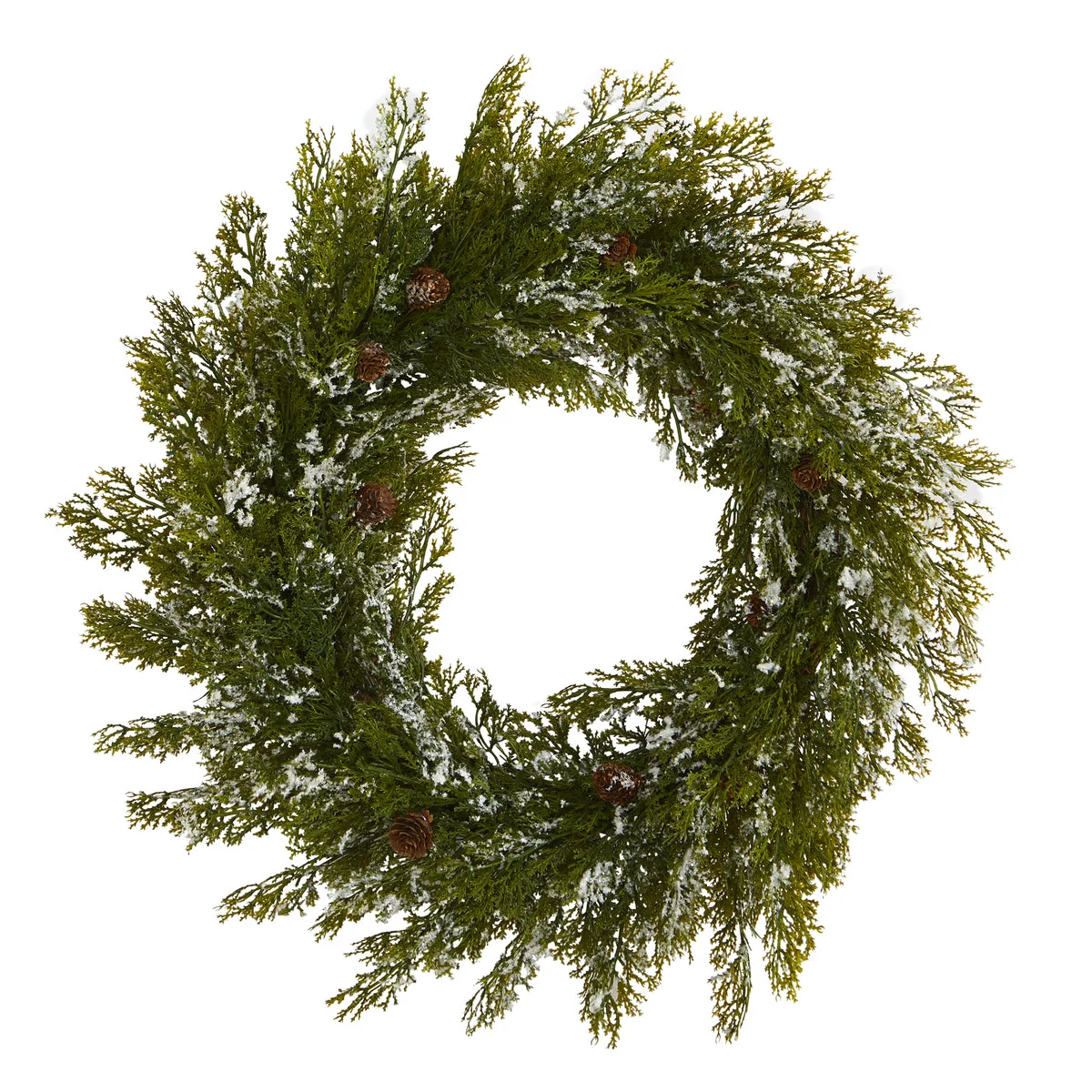 Nearly Natural 20`` Snowed Artificial Cedar Wreath with Pine Cones