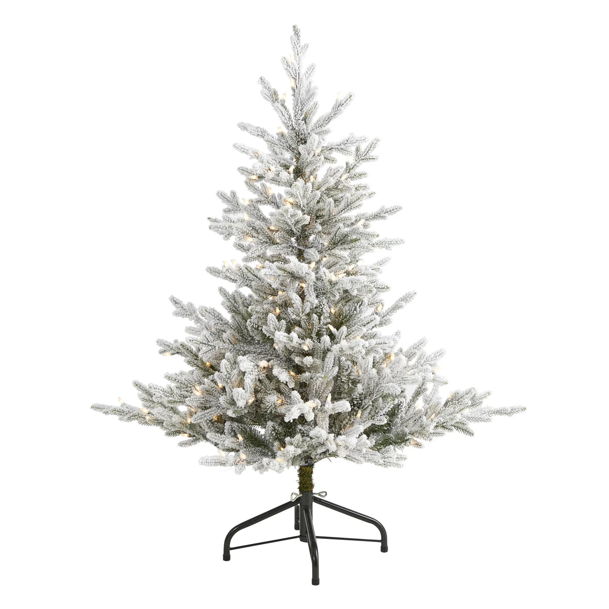 Nearly Natural 4` Flocked Fraser Fir Artificial Christmas Tree with 300 Warm White Lights and 967 Bendable Branches
