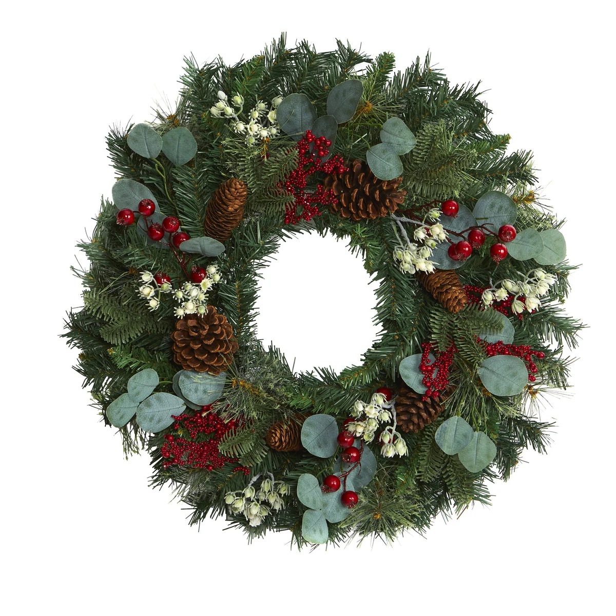 Nearly Natural 24`` Eucalyptus and Pine Artificial Wreath with Berries and Pine Cones