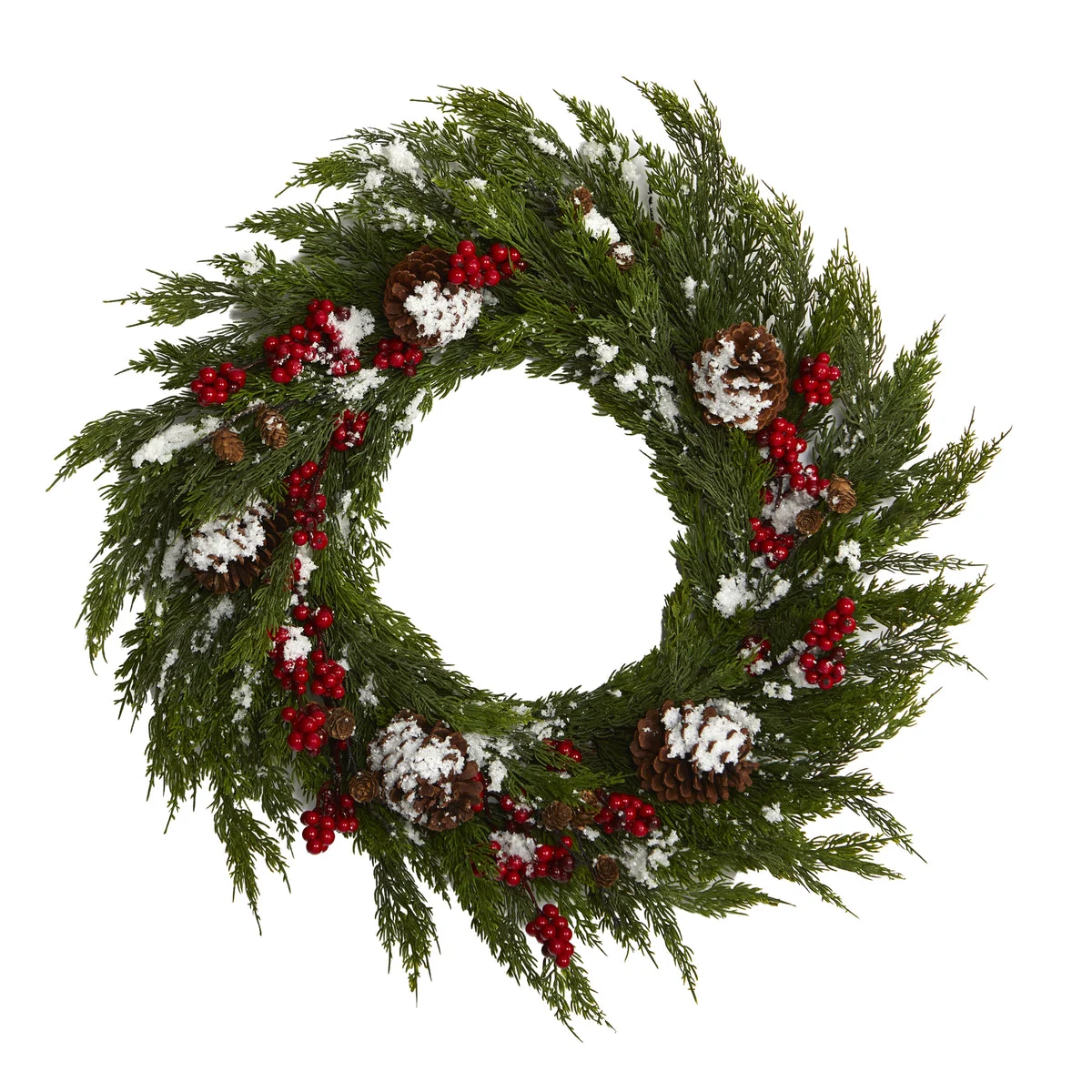 Nearly Natural 28`` Frosted Cypress with Berries and Pine Cones Artificial Wreath