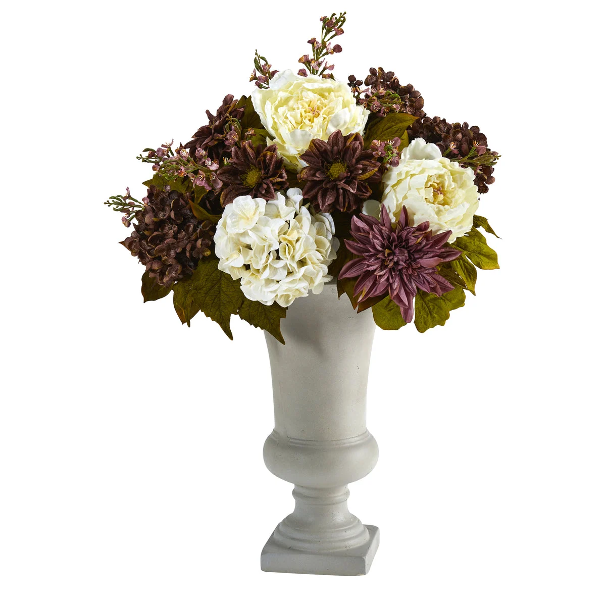 Nearly Natural 27``Peony, Hydrangea and Dahlia Artificial Arrangement in Sand Colored Urn